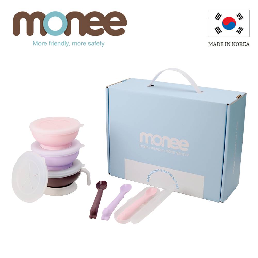 【韓國monee】100%白金矽膠寶寶學習餐具禮盒/粉紫咖