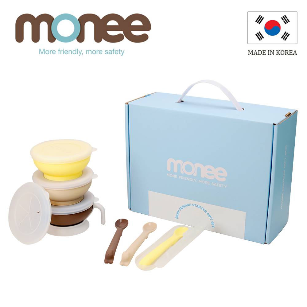 【韓國monee】100%白金矽膠寶寶學習餐具禮盒/黃咖棕