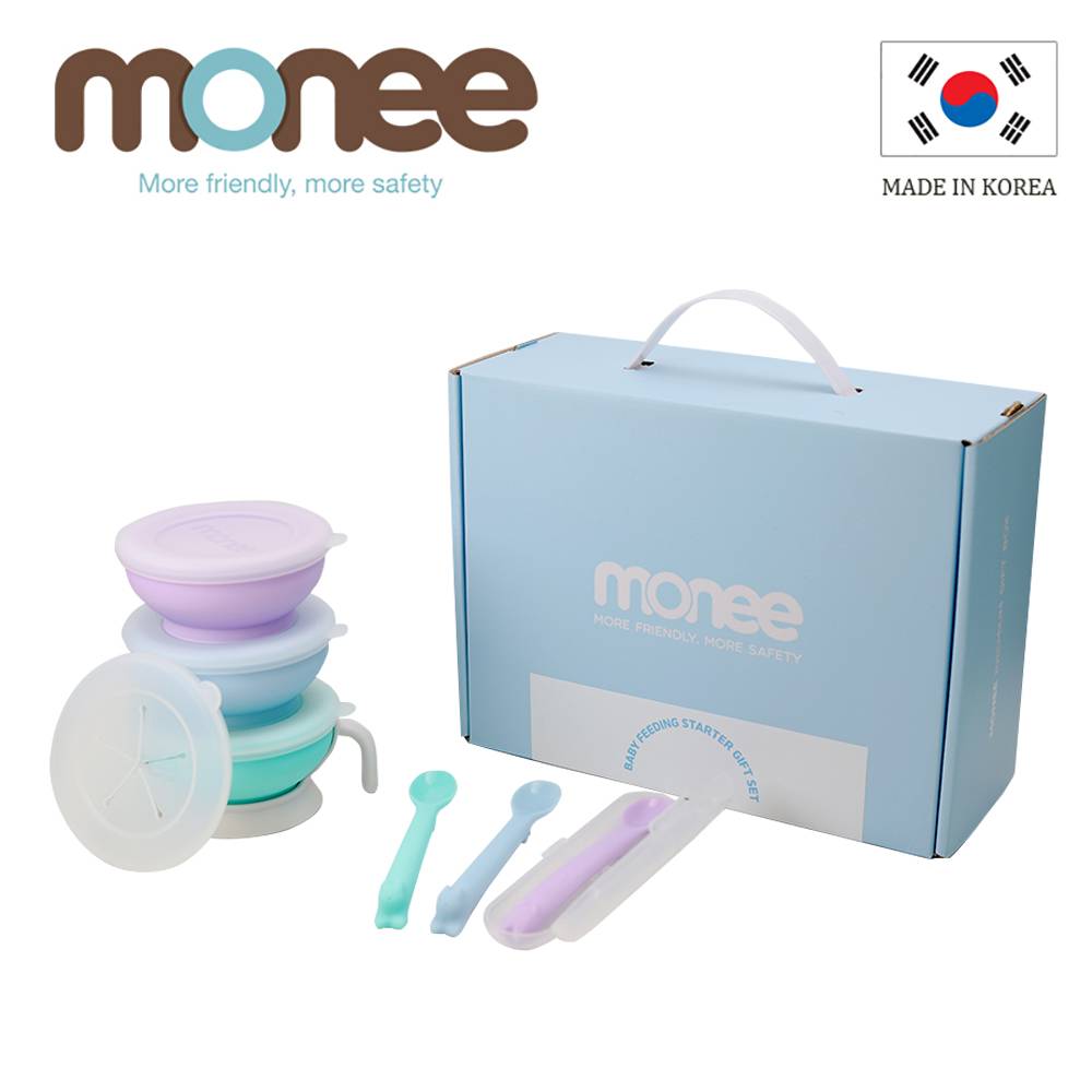 【韓國monee】100%白金矽膠寶寶學習餐具禮盒/綠藍紫